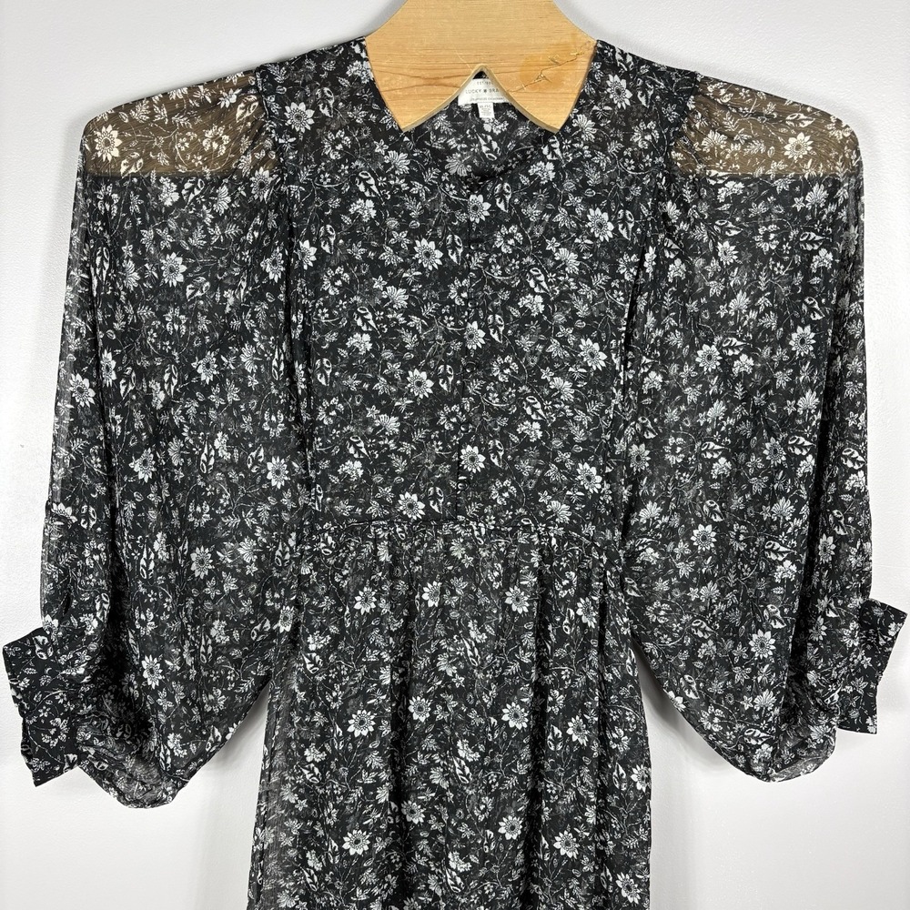 Lucky Brand Women's XL Black White Floral Balloon Sleeve Sheer Empire Maxi Dress